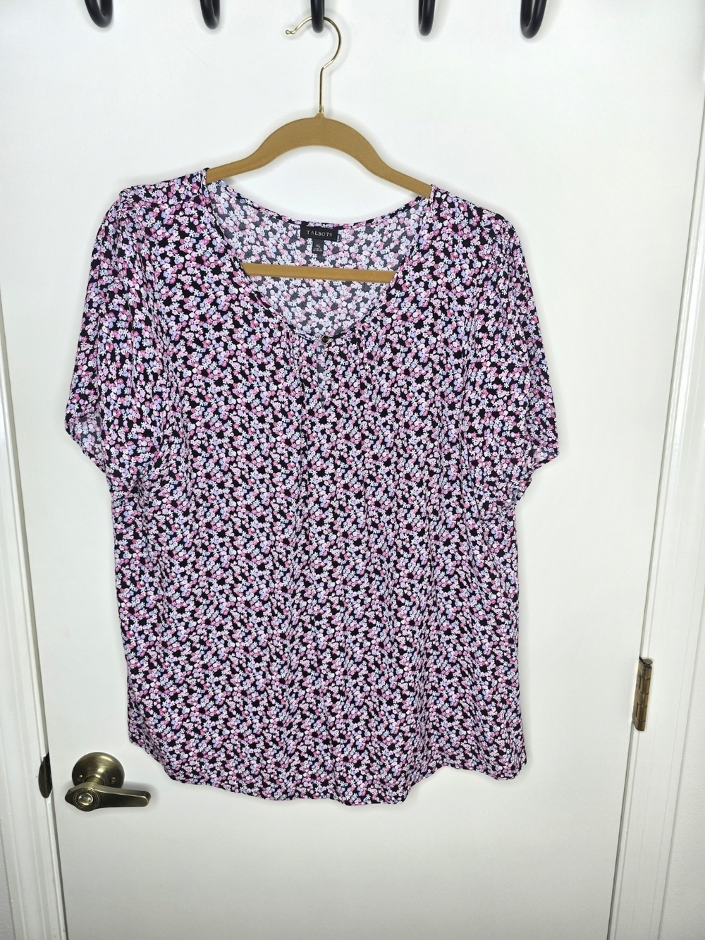 Talbots Black and Pink Floral V-Neck Short Sleeve Top
